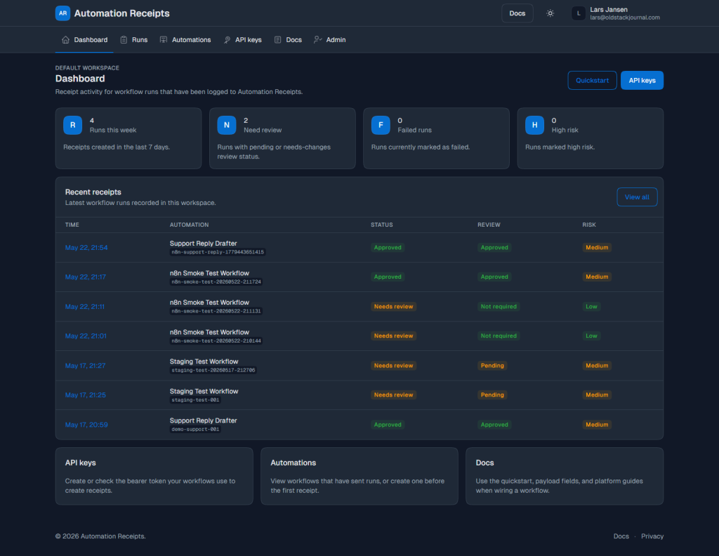 Automation Receipts dashboard showing receipt counts, recent runs, and links to API keys, automations, and docs