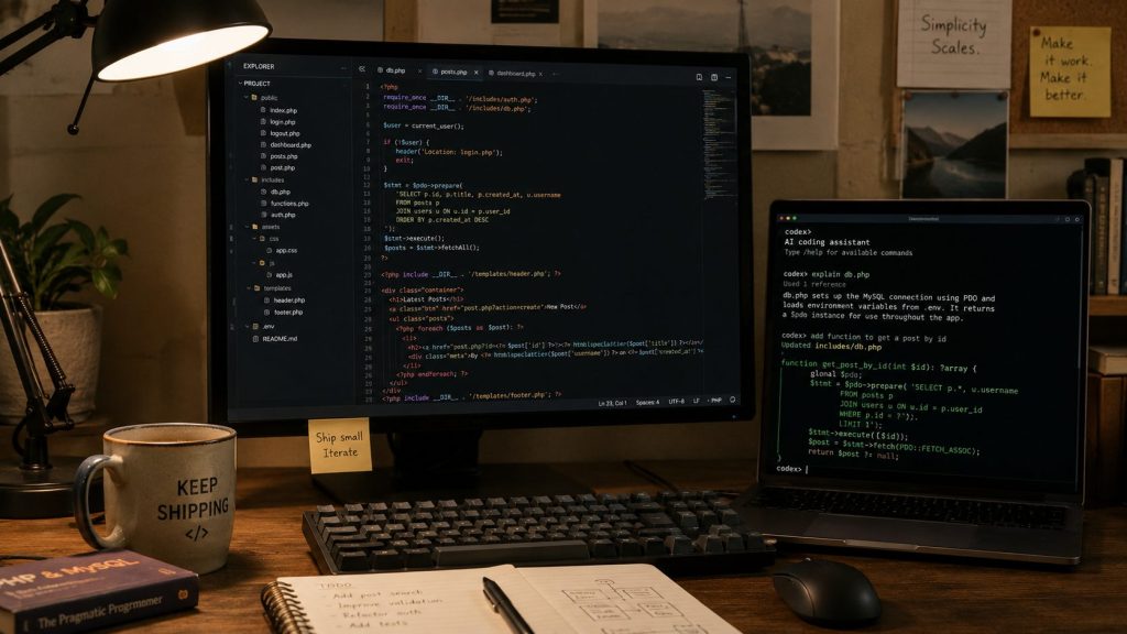 A developer desk showing a code editor and terminal, representing Codex helping with old-school web development.
