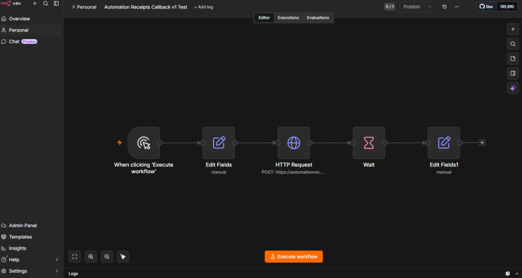 n8n workflow canvas showing a manual trigger, Edit Fields, HTTP Request, Wait, and final Edit Fields step