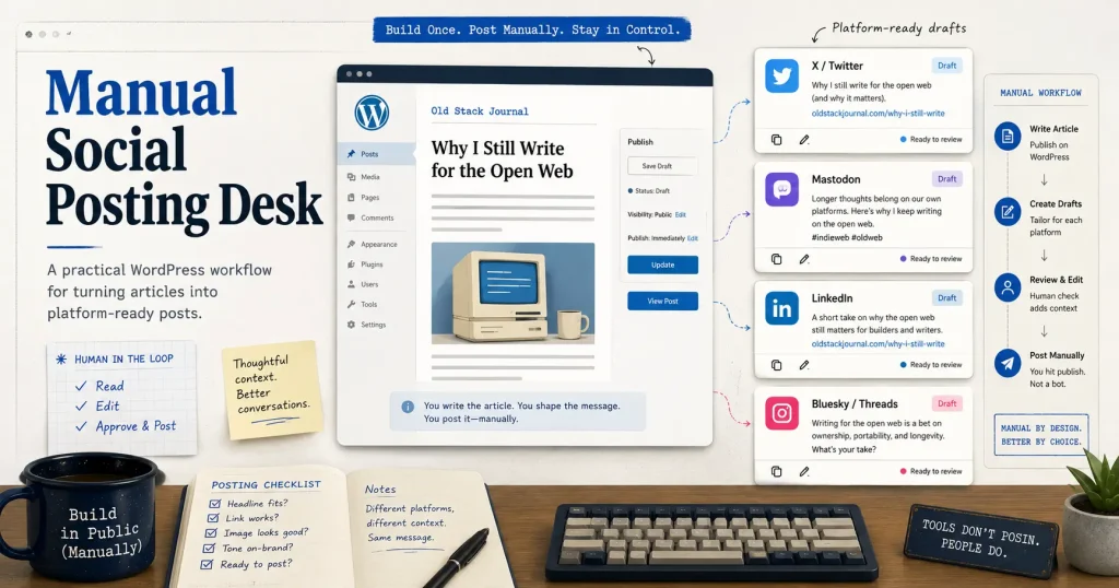 Infographic showing a manual WordPress workflow for creating platform-ready social posts and reviewing them by hand