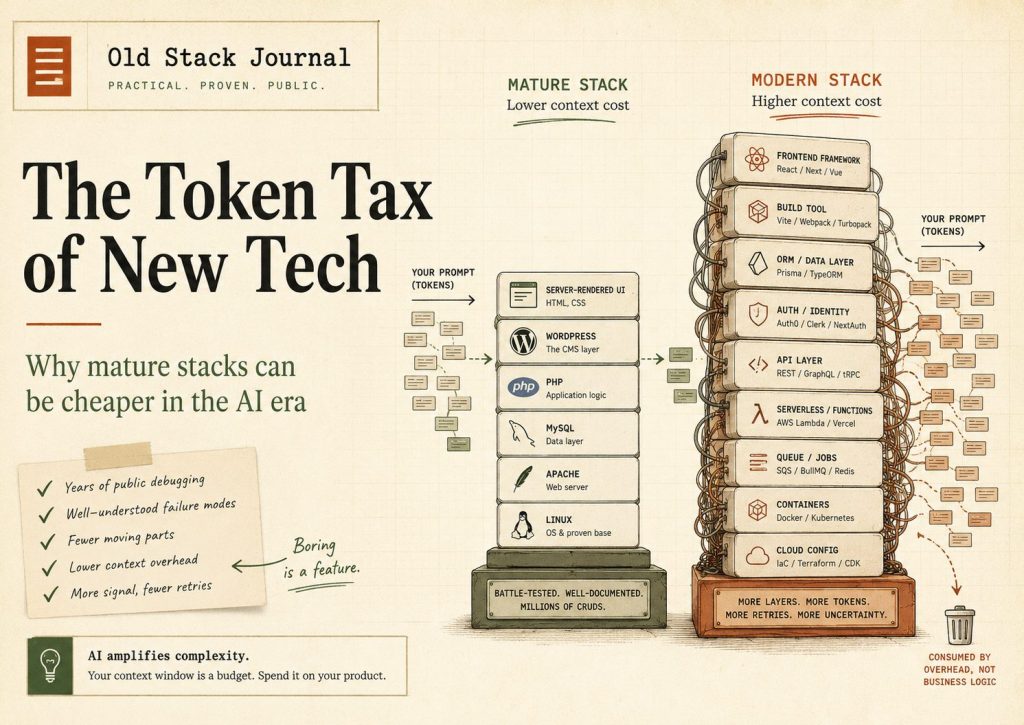 Infographic comparing mature and modern tech stacks, showing modern stacks use more tokens and context