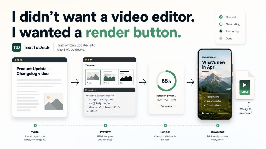 TextToDeck turns written updates into short video decks, from write to preview, render and download