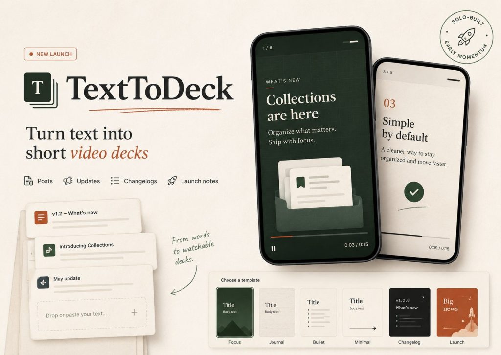 TextToDeck landing page showing an app that turns text into video decks