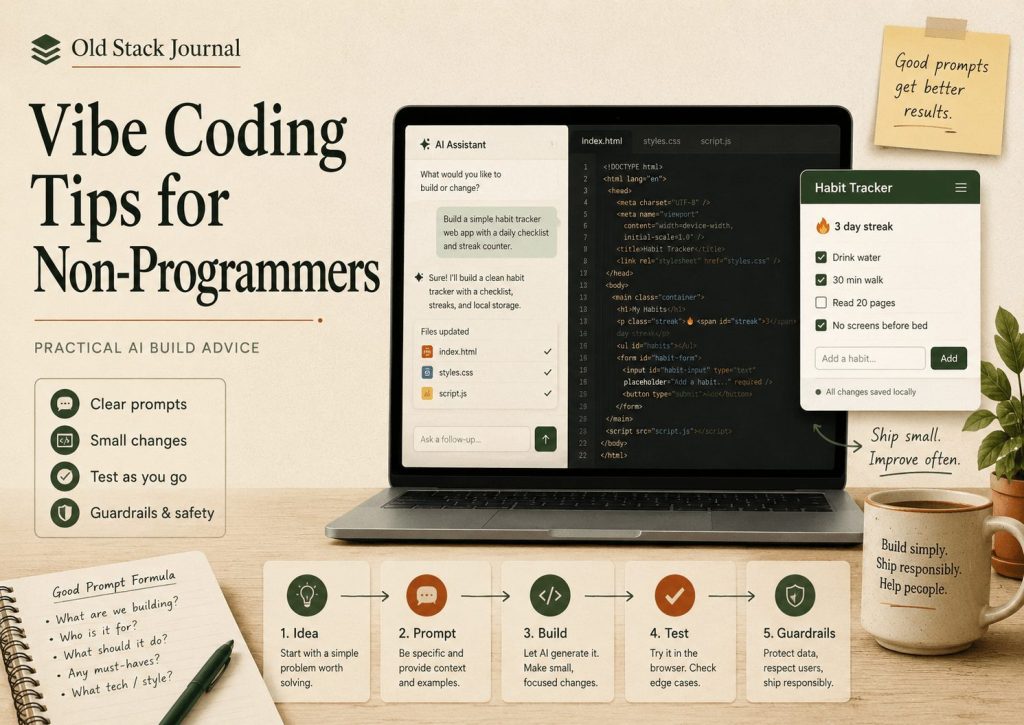 Vibe coding tips for non-programmers, with a habit tracker example and prompt-building steps