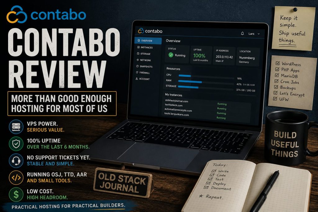 Contabo review graphic promoting practical hosting, with a laptop dashboard and notes saying “Keep it simple. Ship useful things.”
