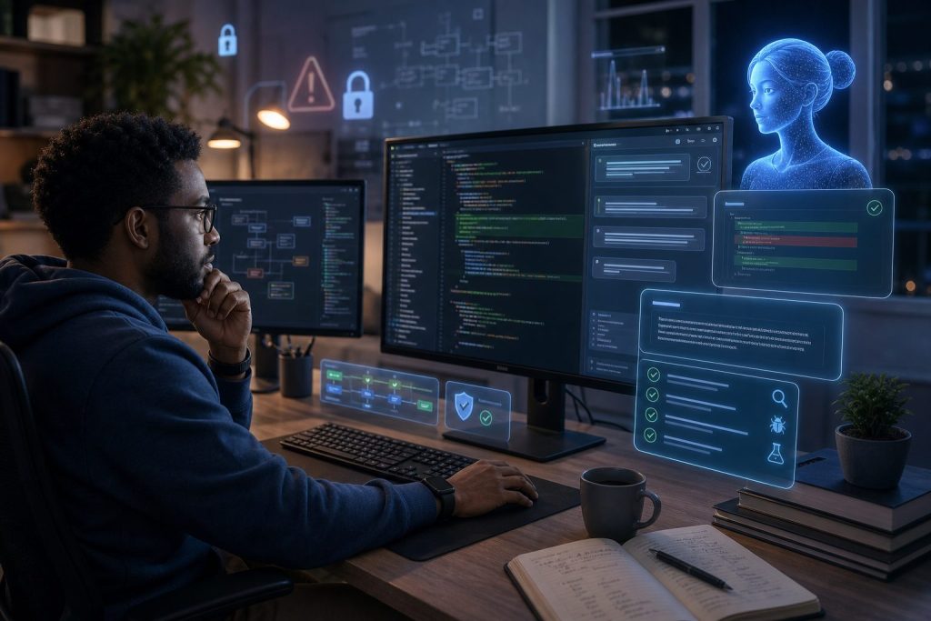 Developer working at multiple monitors with code and cybersecurity dashboards, with a glowing AI assistant interface