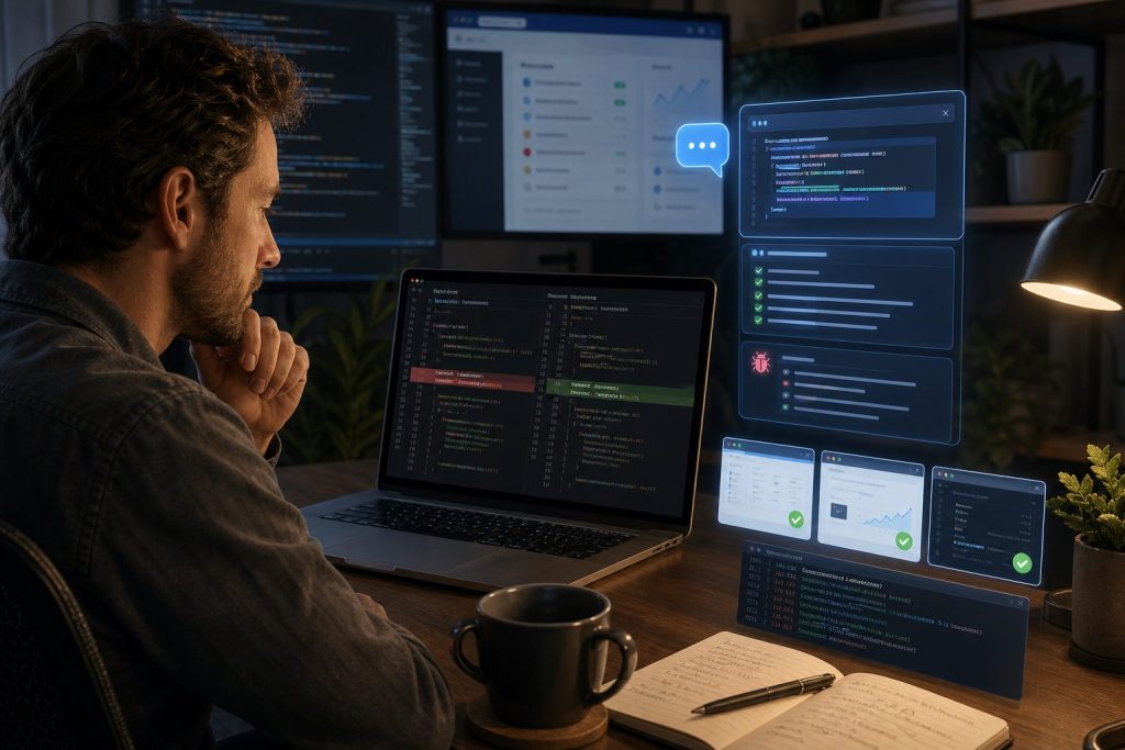 Developer working on code with multiple floating software panels and dashboards around a laptop