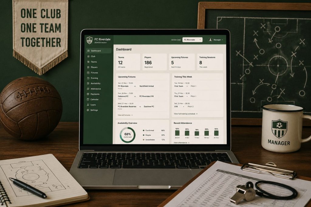 Football club manager dashboard on a laptop, with fixtures, training, attendance and availability stats