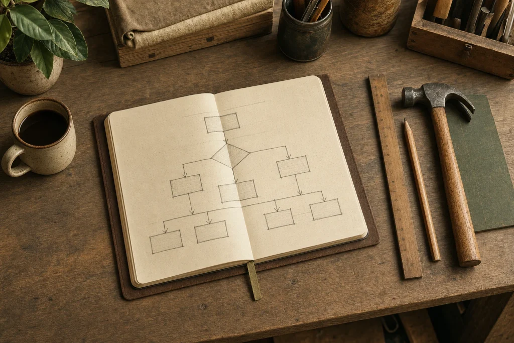 Overhead view of a craftsman’s workbench with blueprint and classic tools on warm wood surface