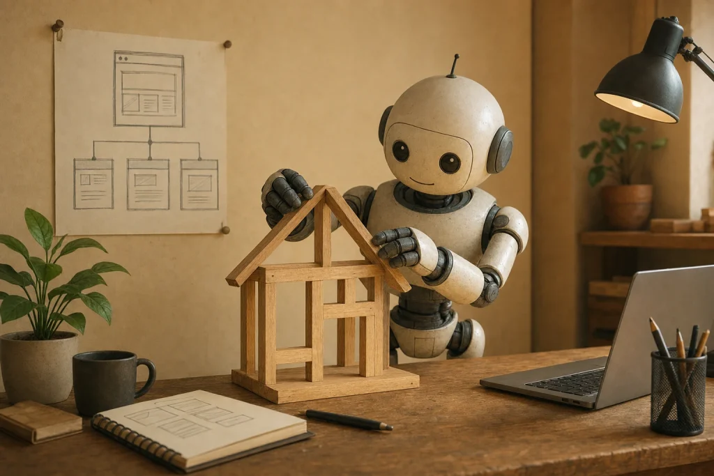 Warm-toned editorial illustration of a friendly robot building a wooden house frame with blueprint and desk lamp nearby