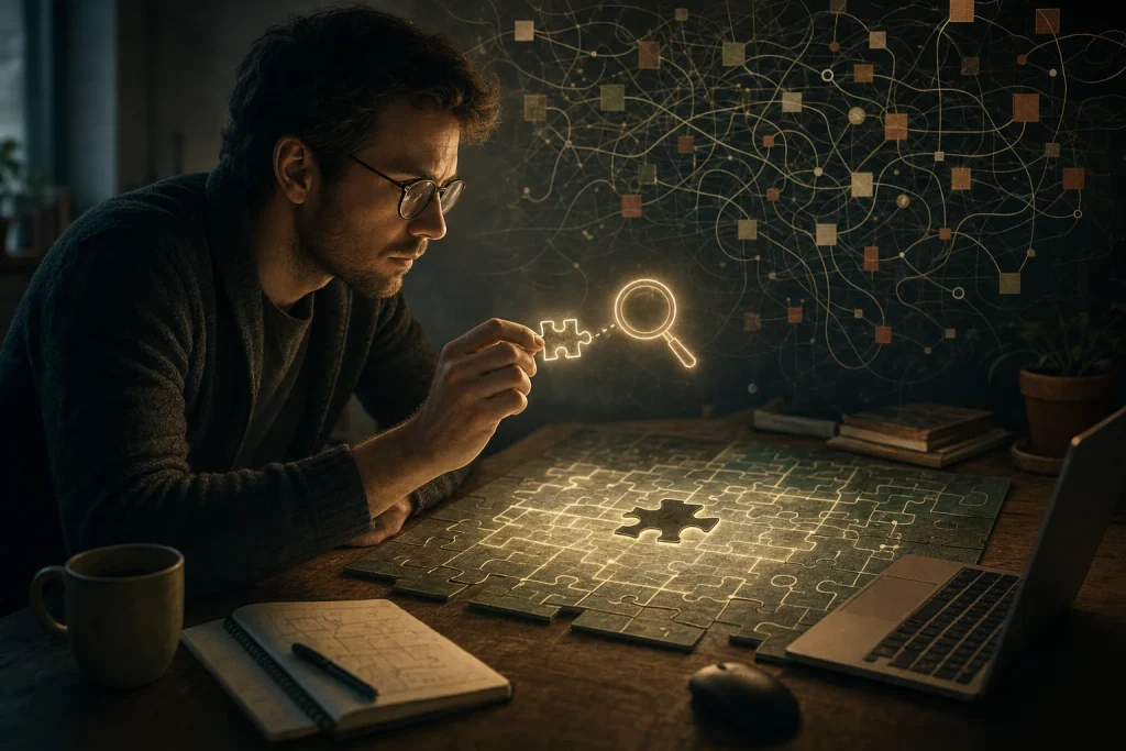 Person examining a glowing puzzle piece at a desk with subtle circuit patterns in background