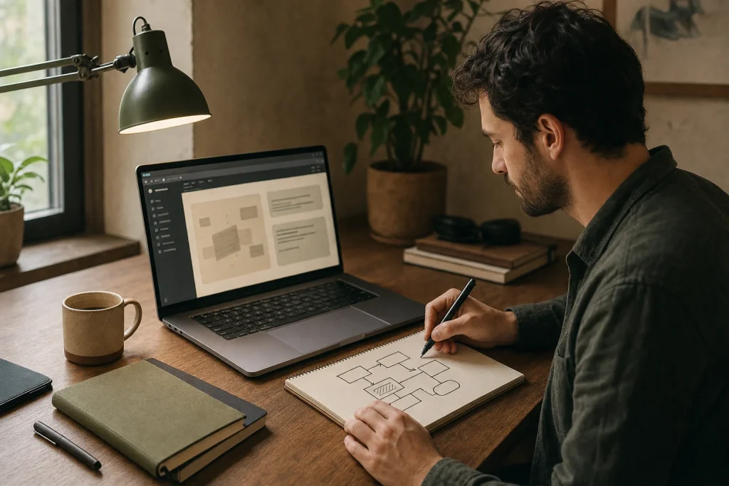 Solo builder sketching a simple flowchart at desk with laptop and coffee cup nearby