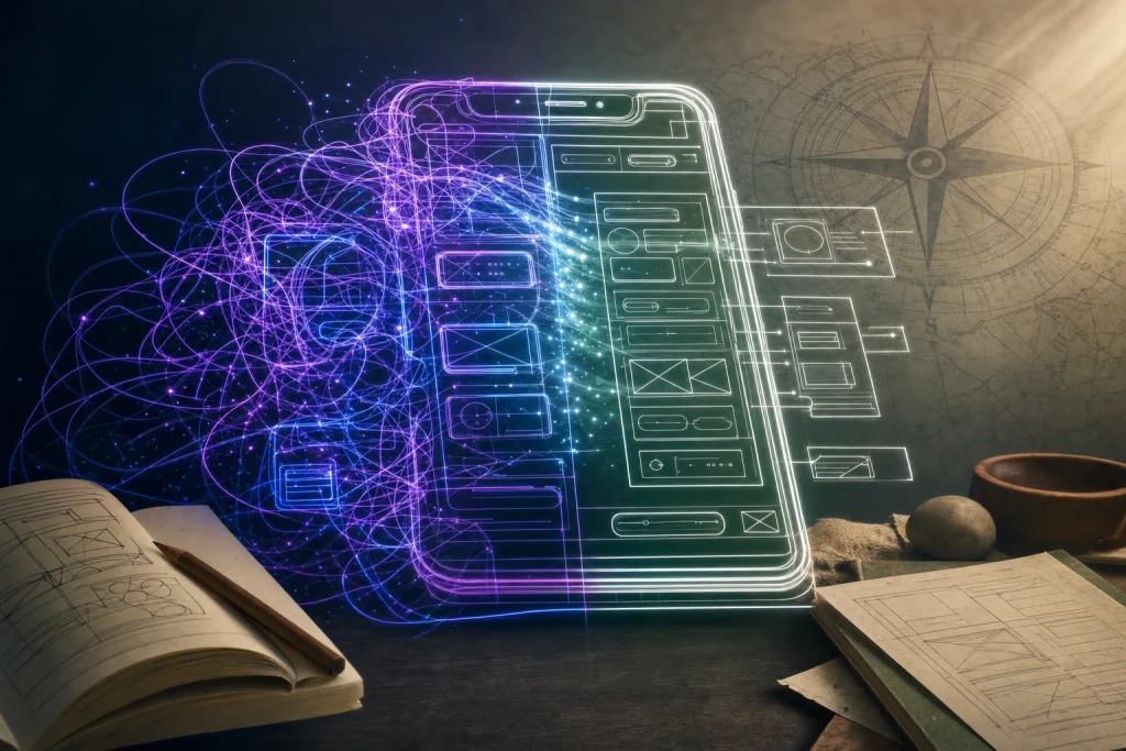 Smartphone app wireframe shifting from chaotic neon sketch to clear blueprint with compass overlay