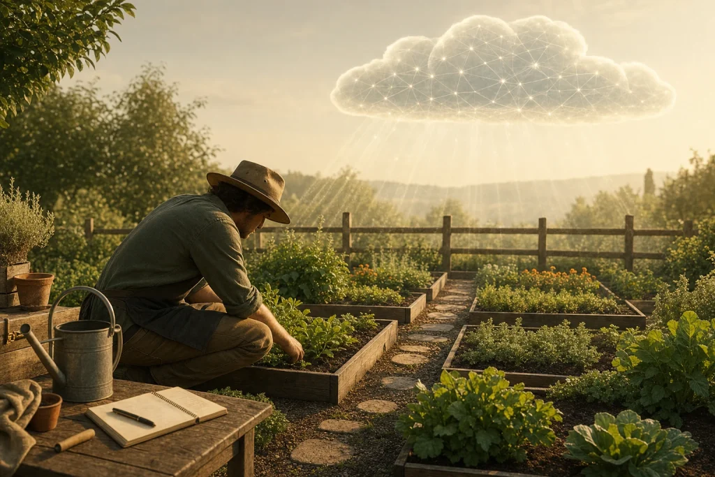 Gardener tending neat garden rows under soft light with subtle AI-shaped cloud above
