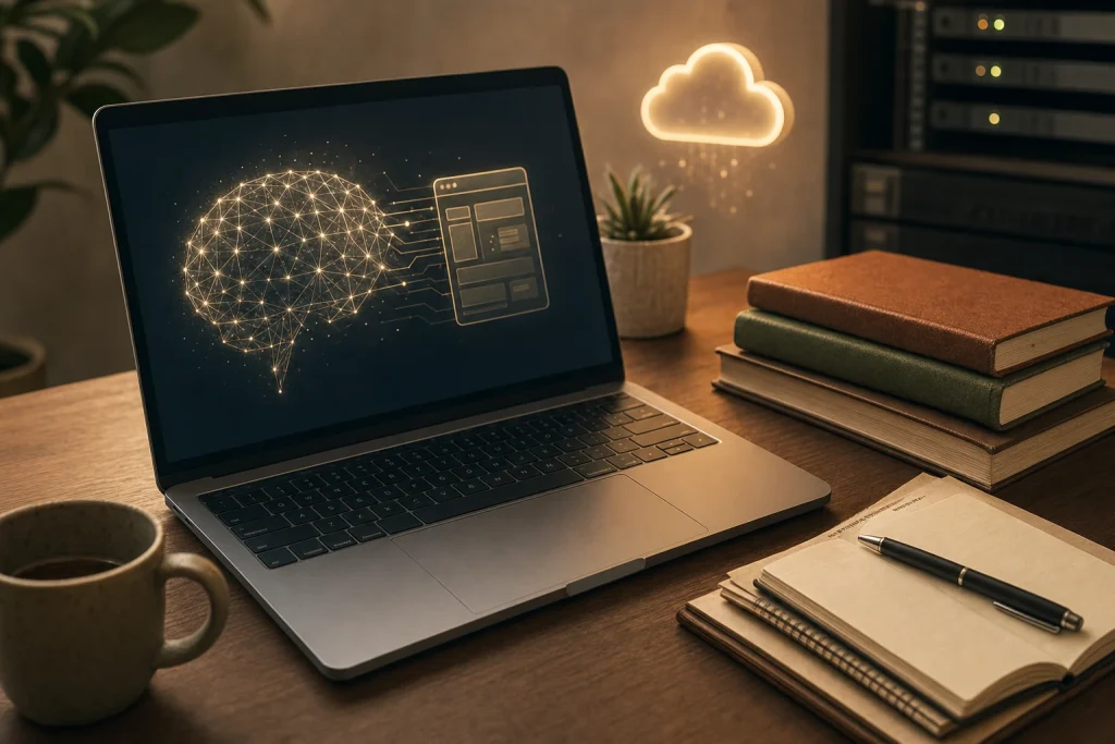 Overhead view of warm-toned workspace with laptop showing glowing AI brain app interface