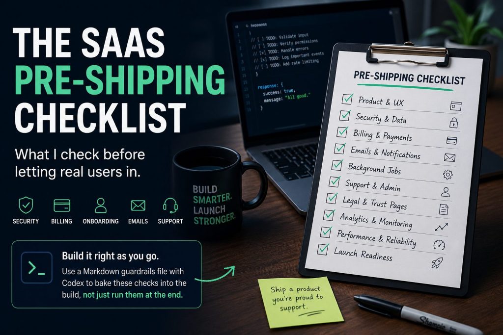 SaaS pre-shipping checklist with items for product, security, billing, emails, support, analytics and launch readiness