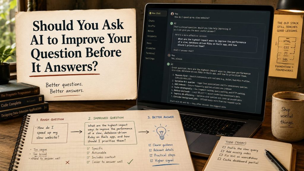 Featured image for an Old Stack Journal article showing a rough AI question being refined into a clearer, more useful prompt before producing a better answer.