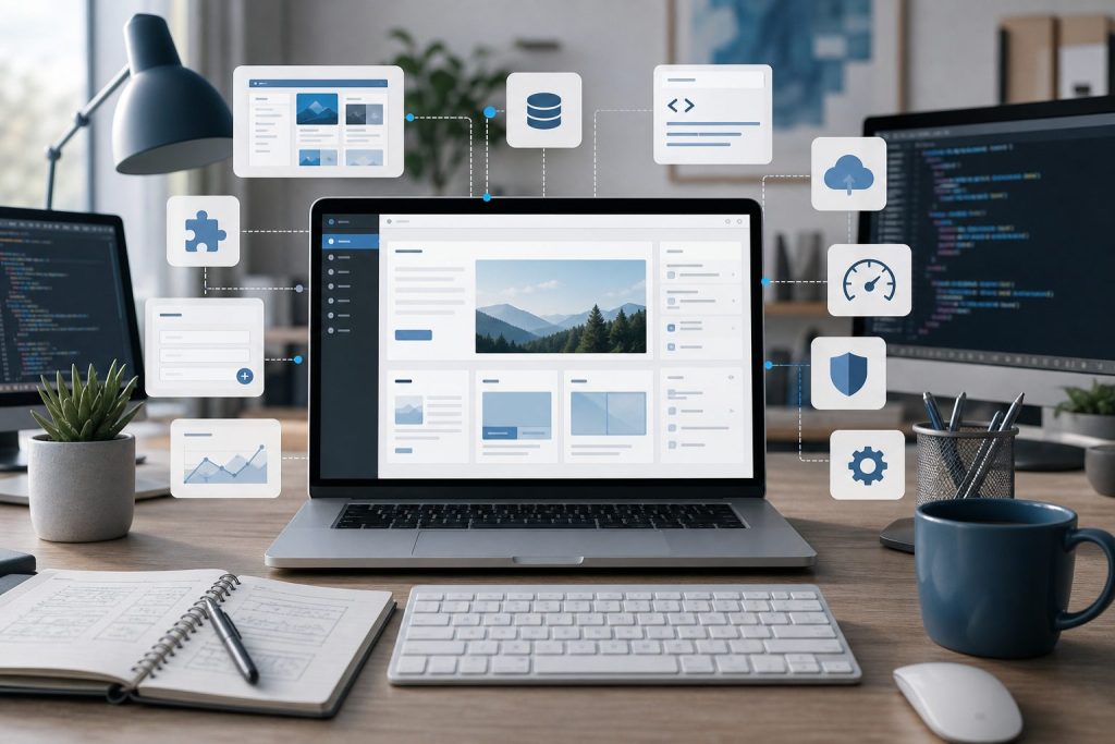 Software development workspace with a laptop showing a web app dashboard and connected icons for code, database, cloud, security and settings