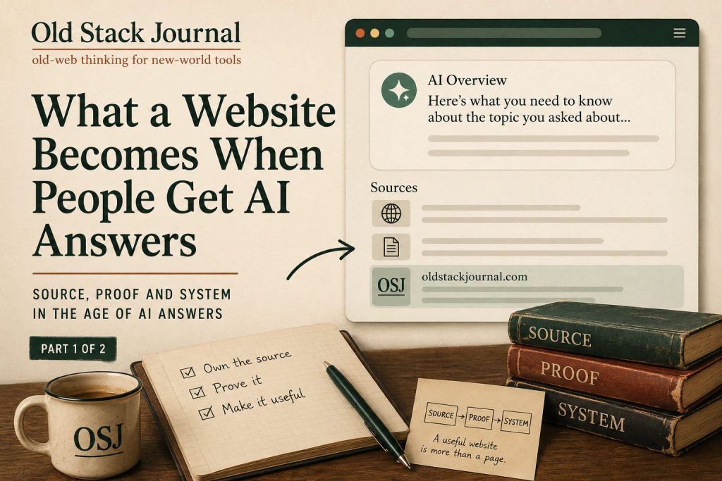 Illustration of an article about AI answers, showing a website mock-up, sources, and books labelled source, proof and system
