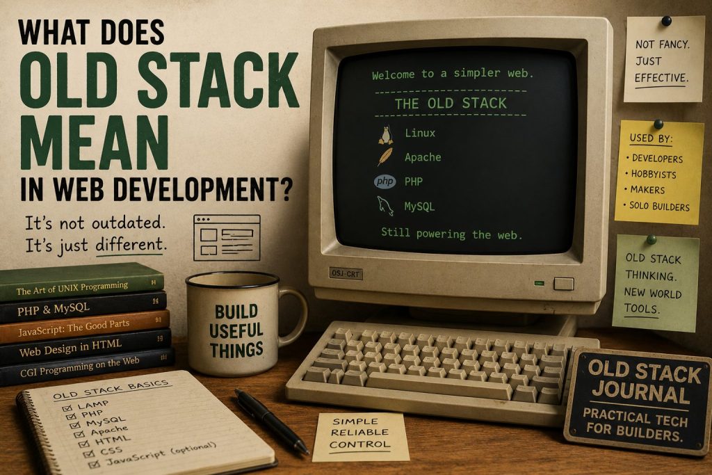 Old stack web development poster with a retro computer, books, and notes about Linux, Apache, PHP, and MySQL