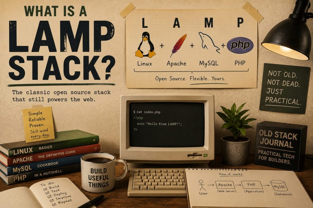 Poster about the LAMP stack, showing Linux, Apache, MySQL and PHP with the slogan “Open Source. Flexible. Yours.”