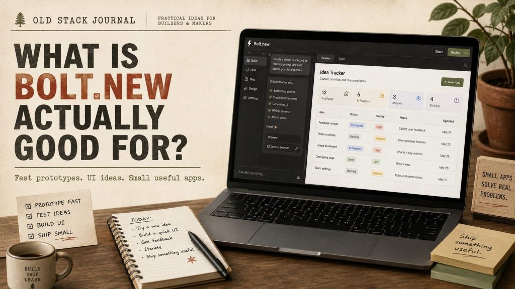 Promotional image for Bolt.new showing a laptop with an idea tracker app and the headline “What is Bolt.new actually good for?”