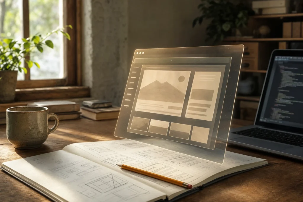Wooden desk with open sketchbook and glowing translucent app prototype floating above, pencil nearby, warm sunlight through window.