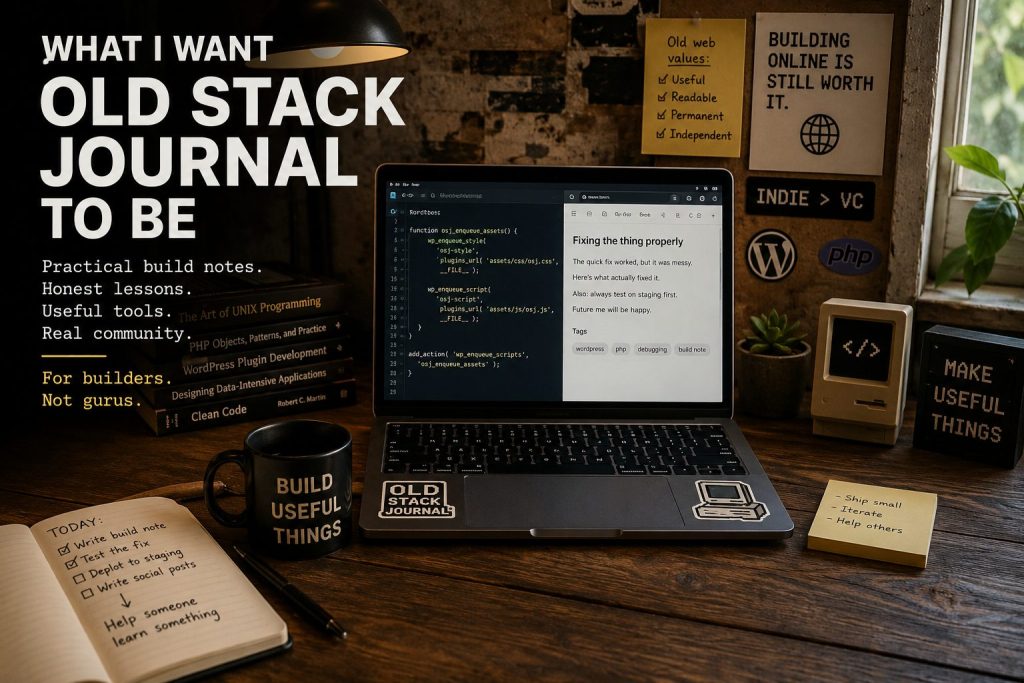 Poster-style workspace scene promoting an old Stack Journal for practical build notes and useful tools