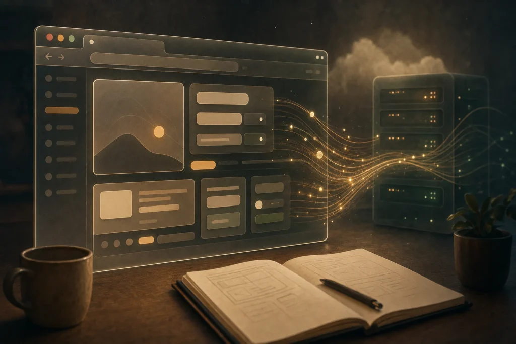 Warm-toned editorial illustration of a glowing browser window as a control panel with flowing data arcs to a subtle server shape.