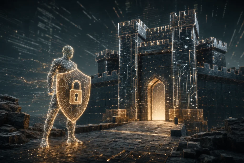Digital fortress made of glowing code blocks guarded by abstract data sentinel with lock shield