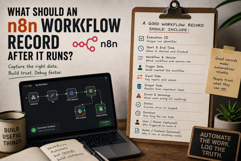 Poster asking what a non-workflow record should include, with a checklist of run details and an n8n workflow on a laptop