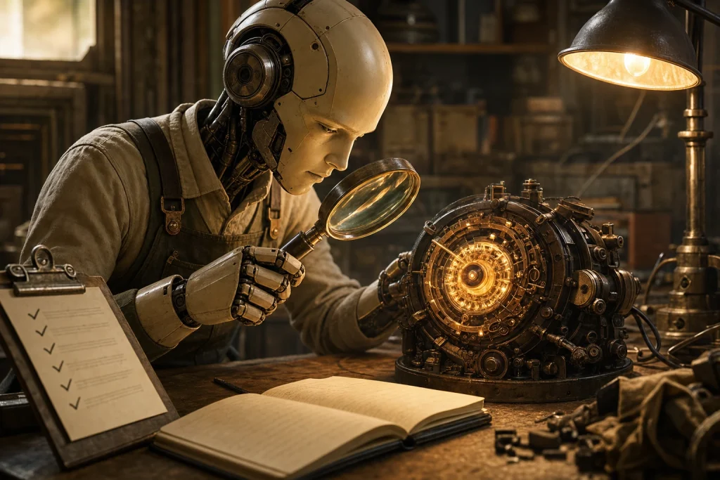 Calm mechanic inspecting glowing machine part labeled bug with magnifying glass on desk