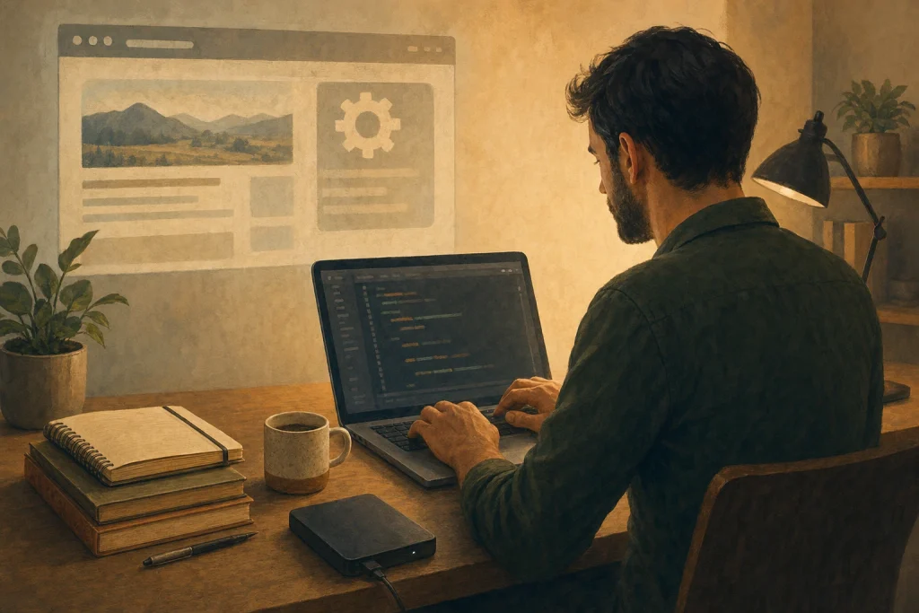 Solo web developer coding calmly at a minimalist desk with laptop and notebook.