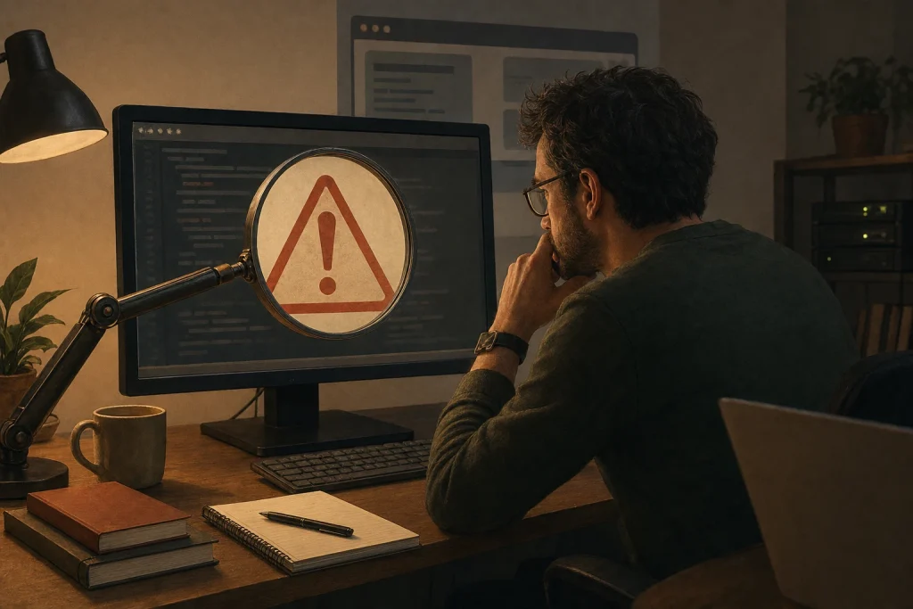 Developer calmly examining a red error symbol on a laptop screen with magnifying glass.