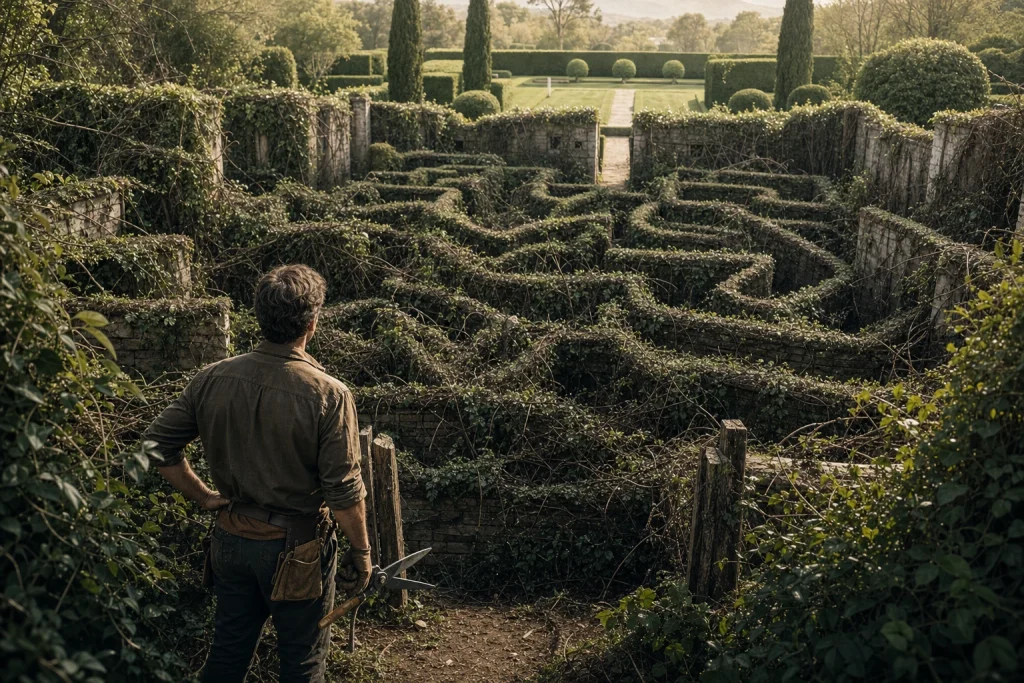 Gardener with pruning shears studies tangled overgrown maze beside neat trimmed garden path.