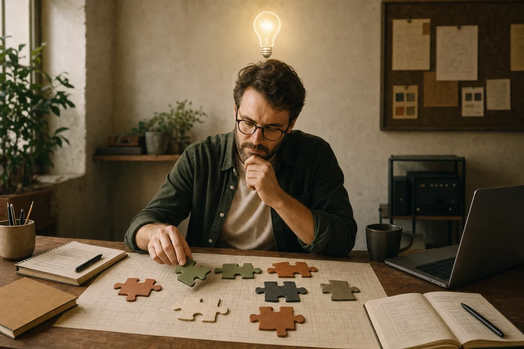 Person at desk arranging puzzle pieces under soft glowing light bulb, warm editorial workspace scene