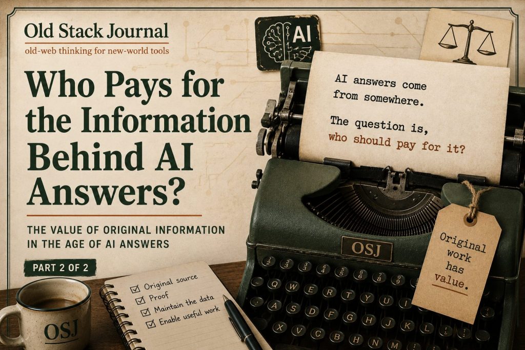 Magazine-style graphic about who pays for information behind AI answers, with a typewriter and notes about original work