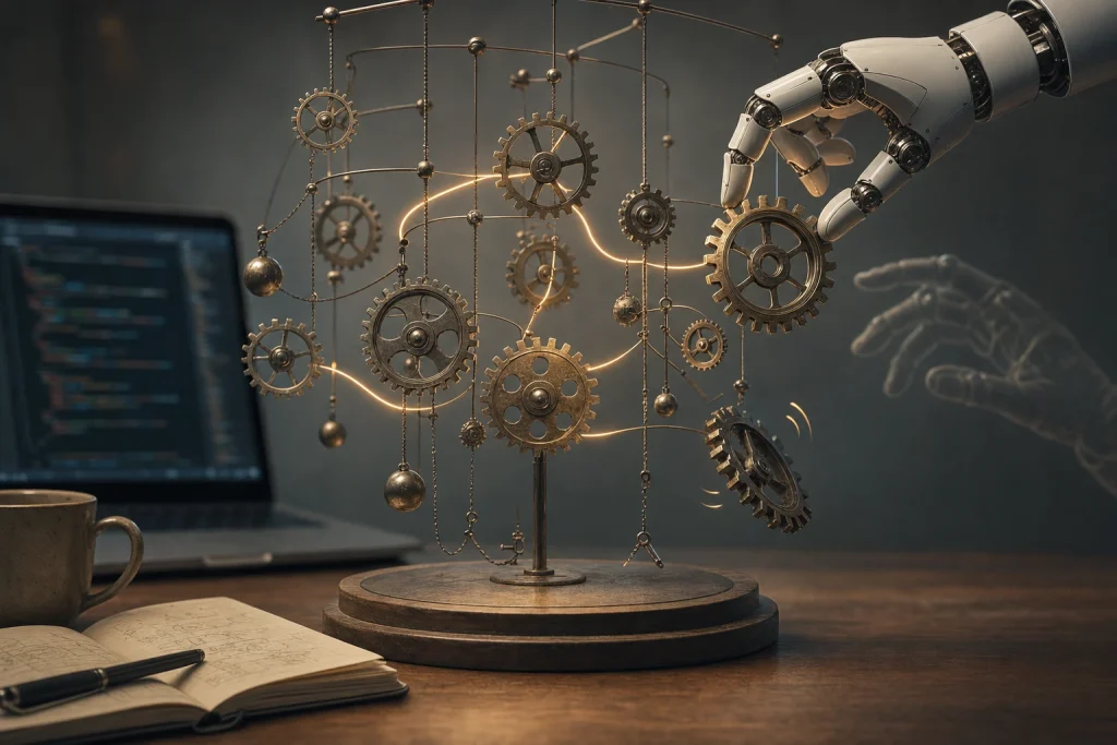 Intricate gear mobile on wooden desk with robotic hand adjusting one gear, soft glowing data lines