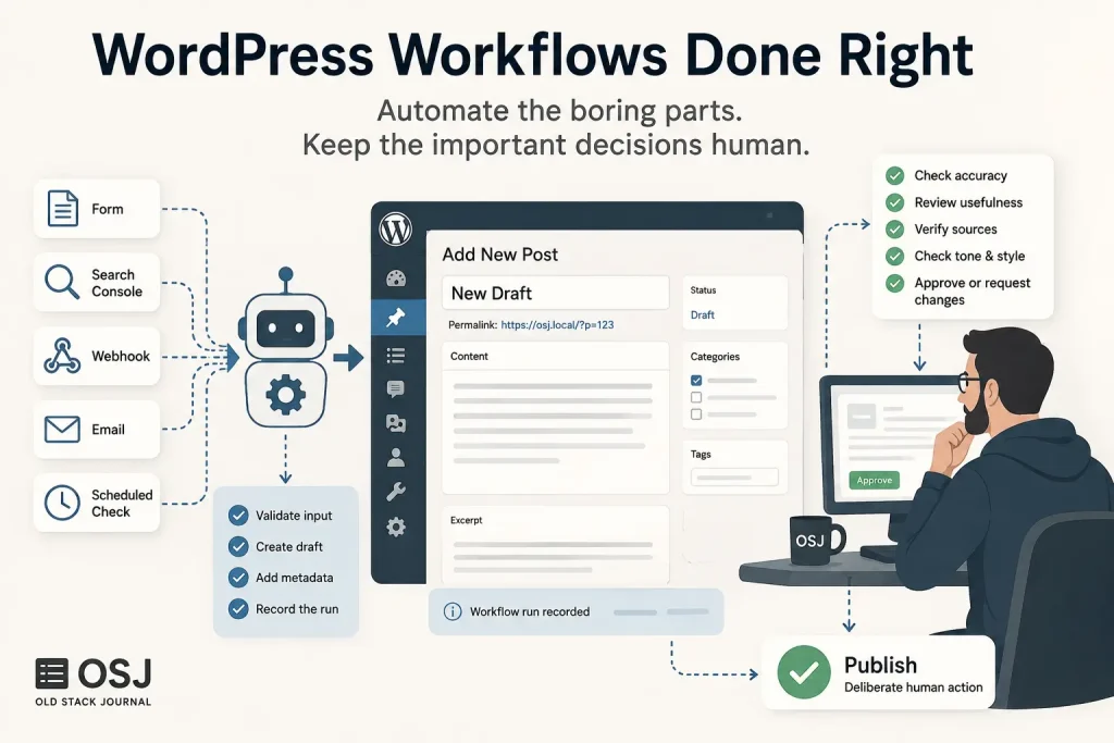 Workflow diagram showing automated inputs creating a WordPress draft, followed by human checks, approval and publishing
