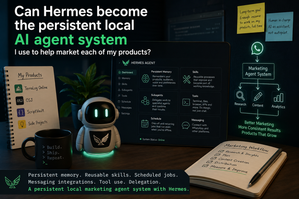 Marketing poster for Hermes, a persistent local AI agent system for product marketing