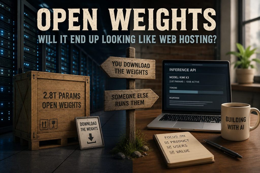 Open weights concept graphic comparing downloadable model weights with web hosting and inference API use
