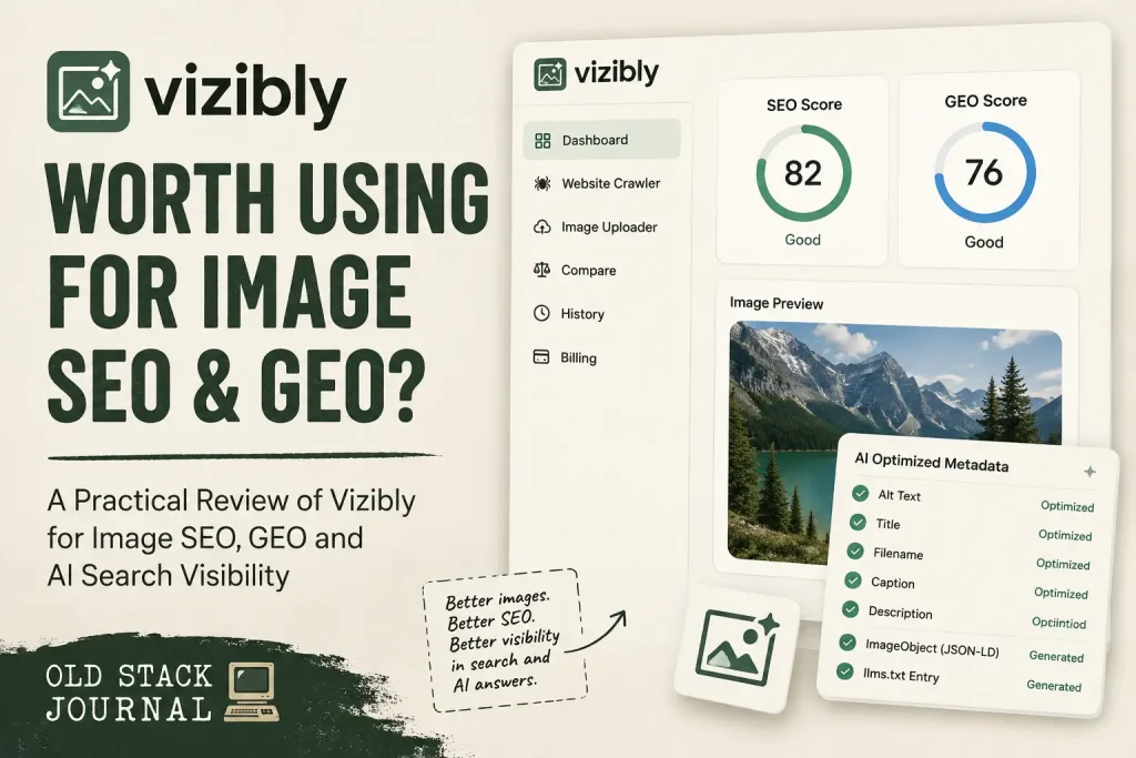 Promotional graphic for Vizibly, showing image SEO and GEO scores and optimised metadata